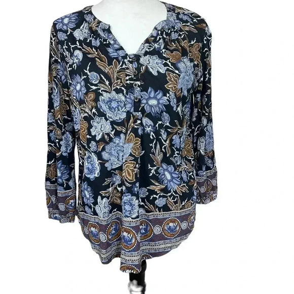 Lucky Brand top-black background with blue and brown floral print size Medium - Picture 2 of 10